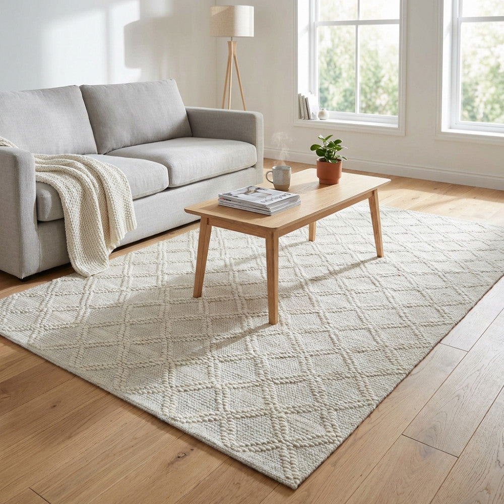 Tappeto Emmanuel in lana e cotone bianco beige, ambientato in un salotto luminoso con divano grigio e tavolino in legno.