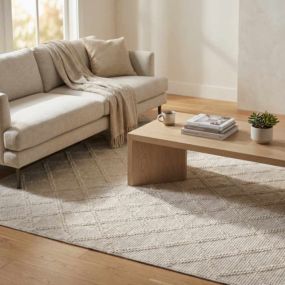 Tappeto Emmanuel in lana e cotone bianco beige, steso in un luminoso soggiorno moderno sotto un divano neutro e un tavolino in legno chiaro.