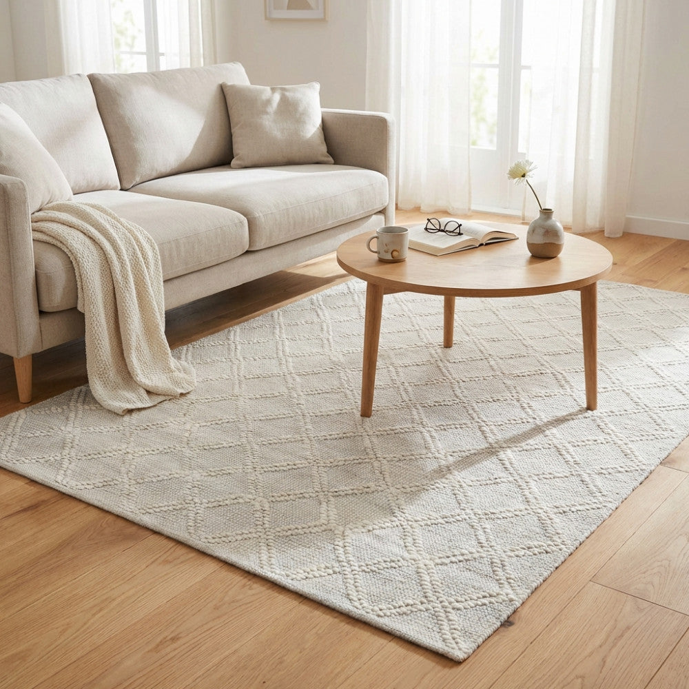 Dettaglio del tappeto moderno Emmanuel con pattern a rombi in rilievo, ambientato in una zona living con tavolino rotondo in rovere.