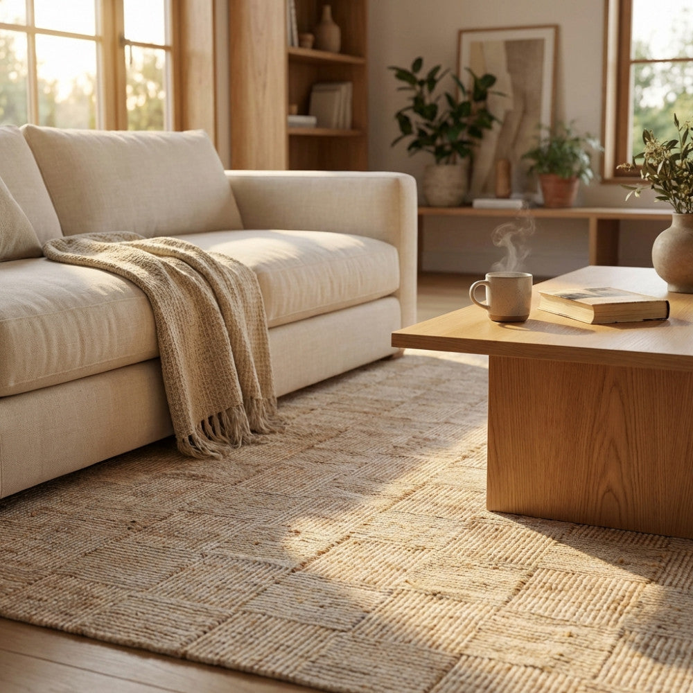 Dettaglio ravvicinato del tappeto Eugène in lana e juta beige, illuminato dalla luce naturale in un salotto moderno con divano chiaro.