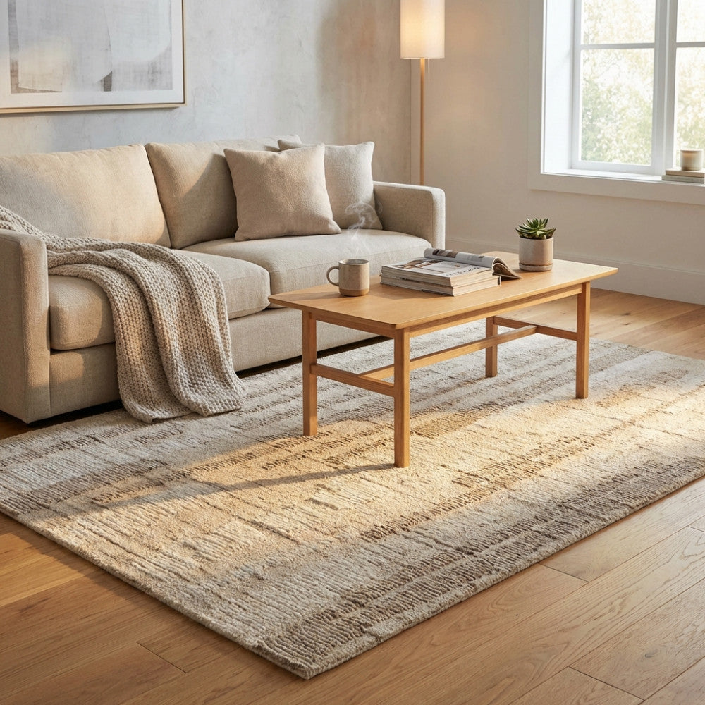 Dettaglio della texture materica del tappeto Fabien beige ecrù, che mostra l'intreccio di lana e cotone alla luce naturale.