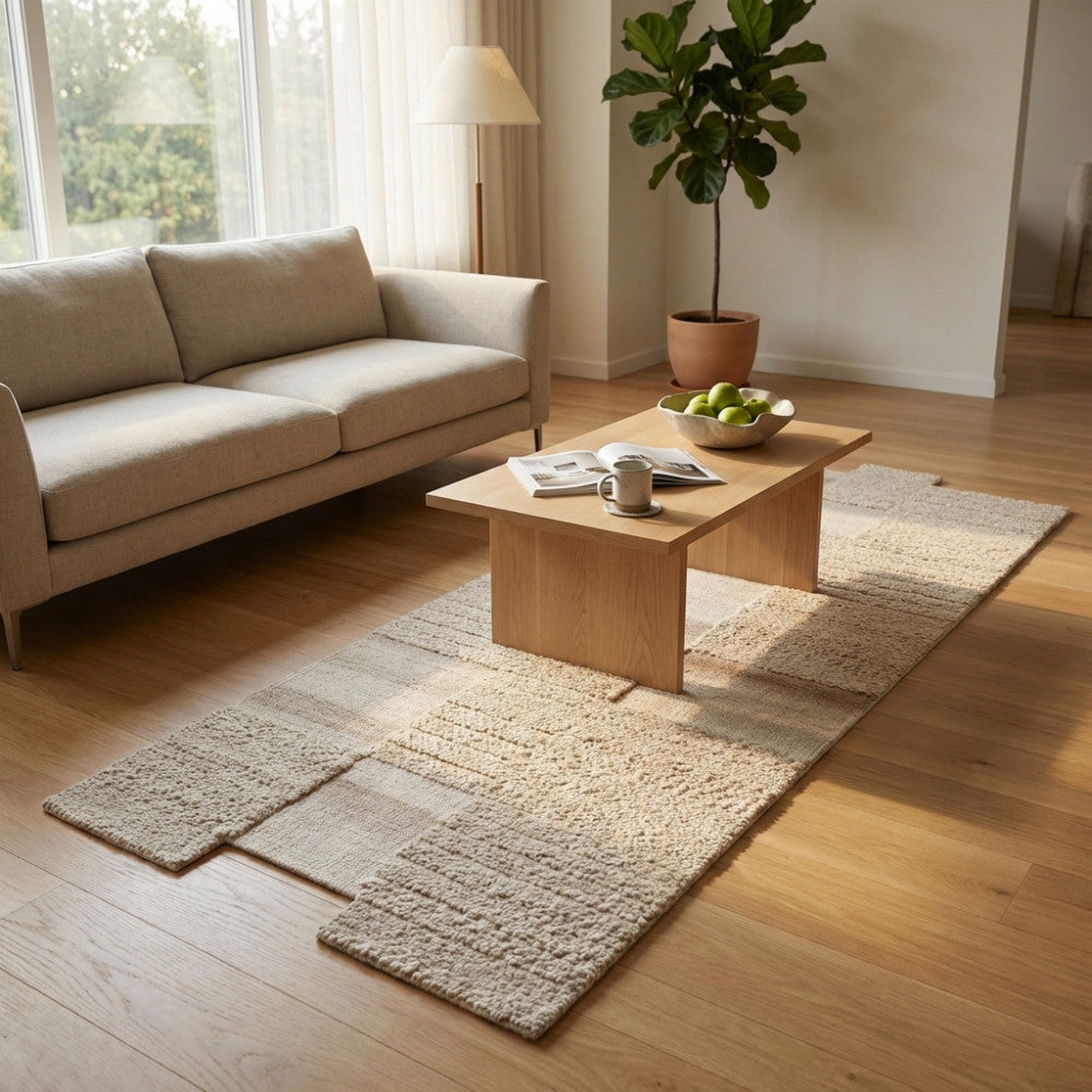 Dettaglio del tappeto Georges beige steso su un pavimento in legno sotto un tavolino basso in rovere.