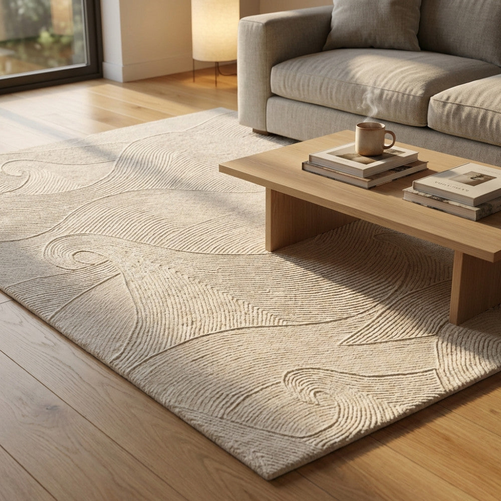 Tappeto Grégoire in lana e cotone bianco, steso in un living moderno illuminato dalla luce naturale con divano e tavolino in legno.