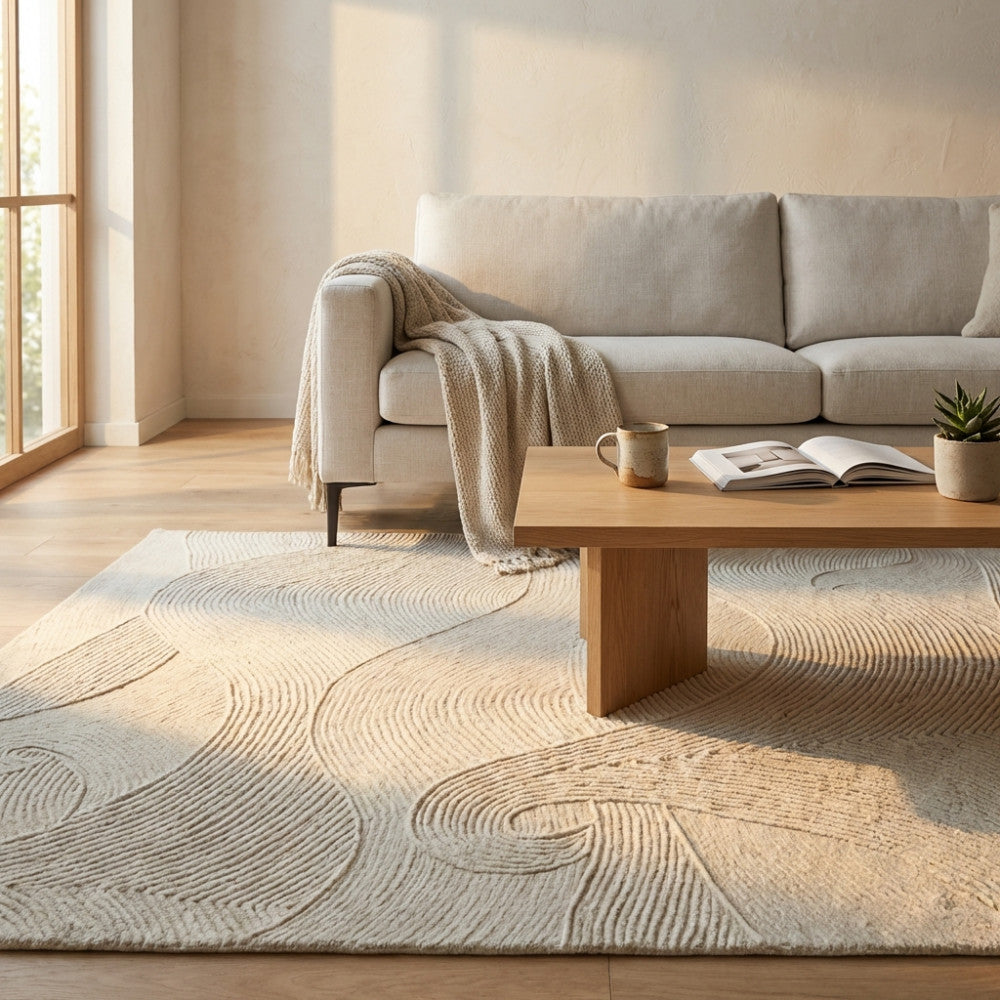 Tappeto Grégoire bianco in lana e cotone ambientato in un luminoso soggiorno moderno con divano chiaro.