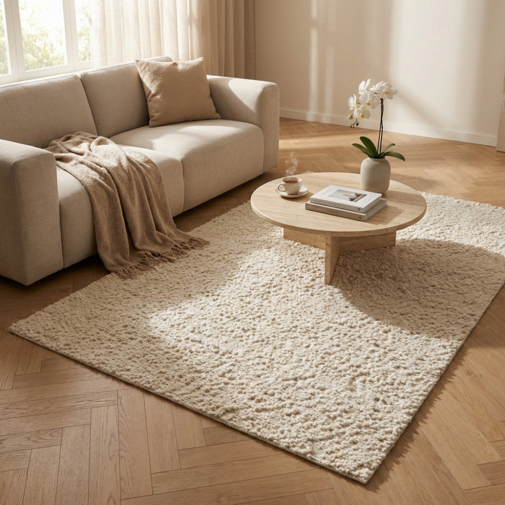 Dettaglio del tappeto materico Hubert abbinato a un divano beige e un tavolino rotondo in travertino su pavimento in parquet.