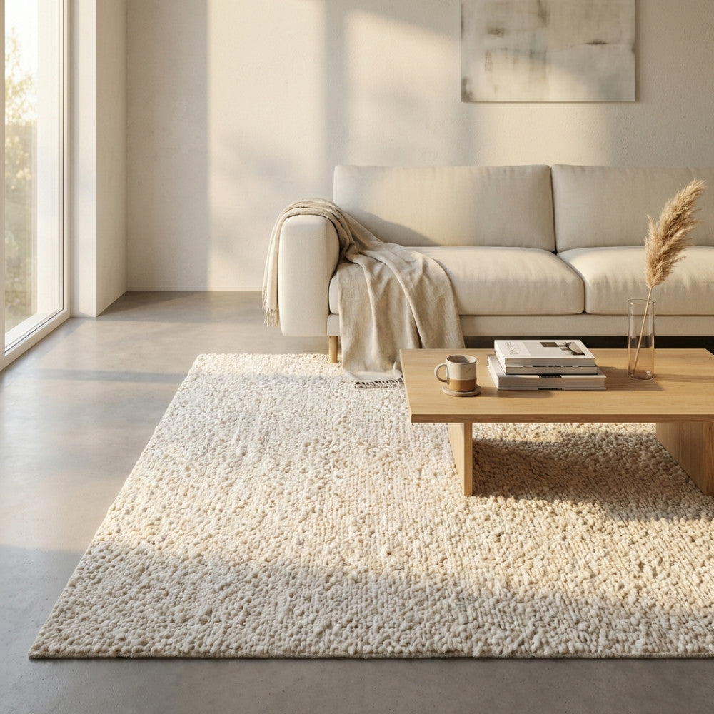 Dettaglio del tappeto Hubert 160x230 che mostra la texture materica in lana e juta sotto la luce naturale.