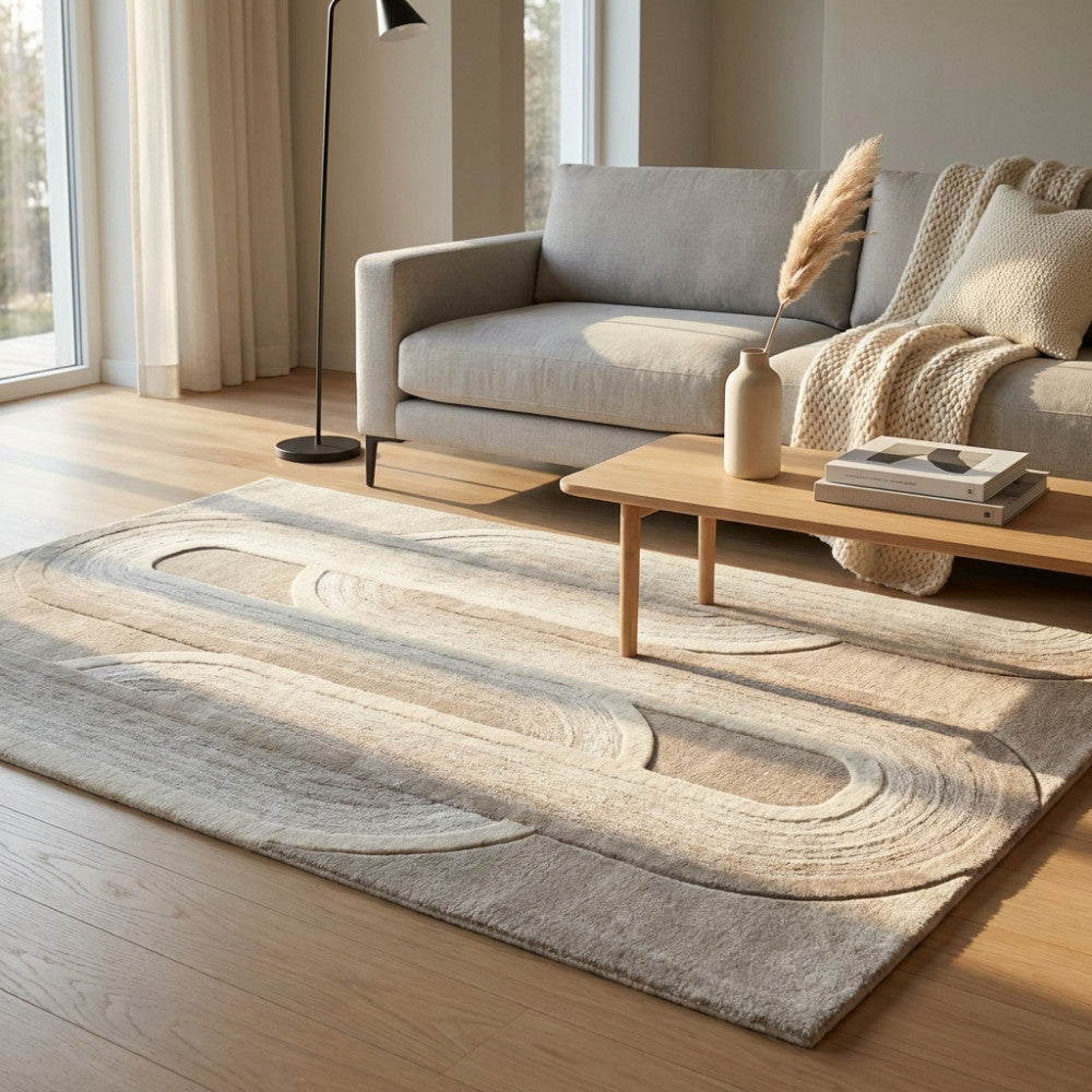 Tappeto moderno beige con motivi geometrici curvi, steso in un luminoso soggiorno con divano grigio chiaro e tavolino in legno.