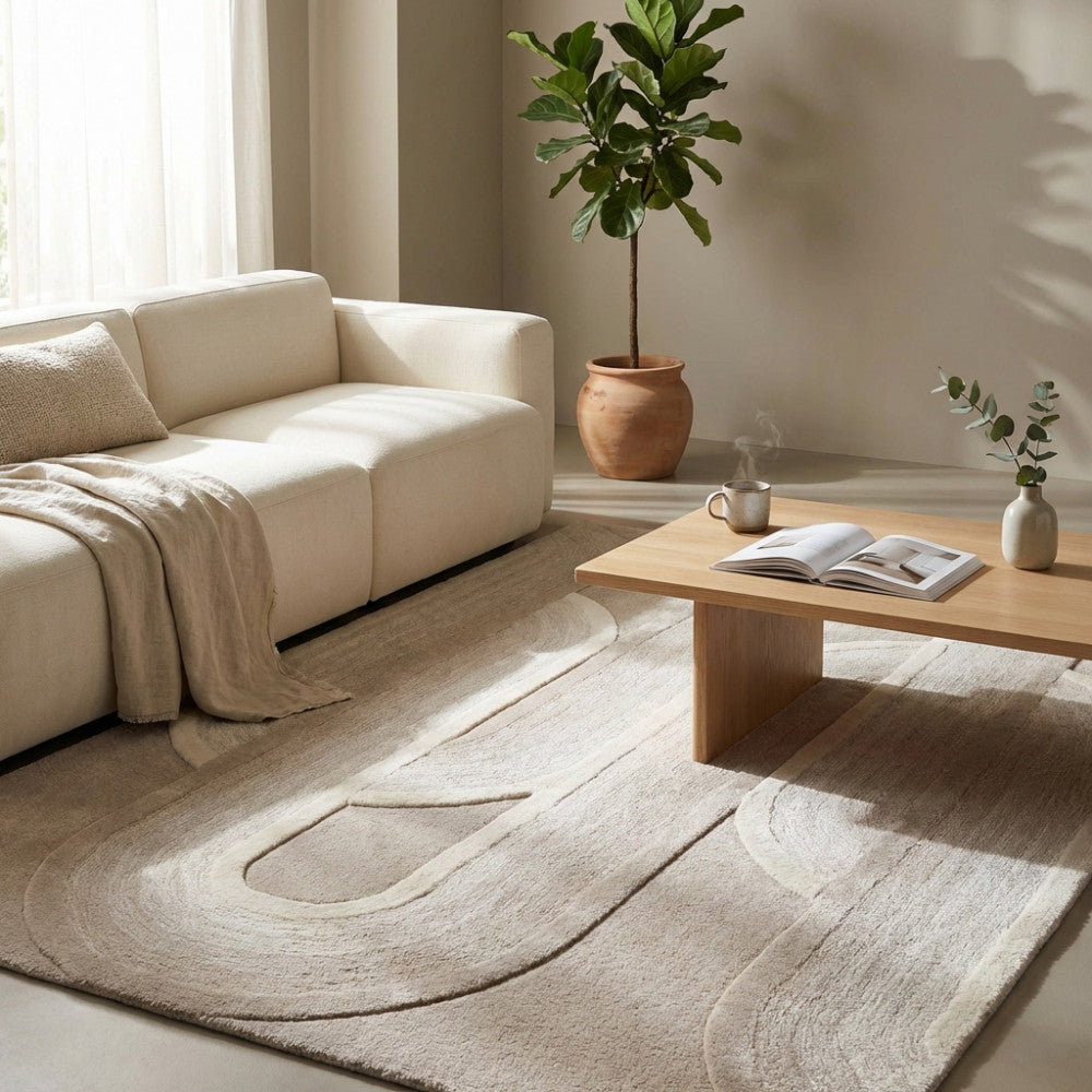 Dettaglio della texture in lana e cotone del tappeto beige, ambientato in un salotto con pianta decorativa e luce naturale.