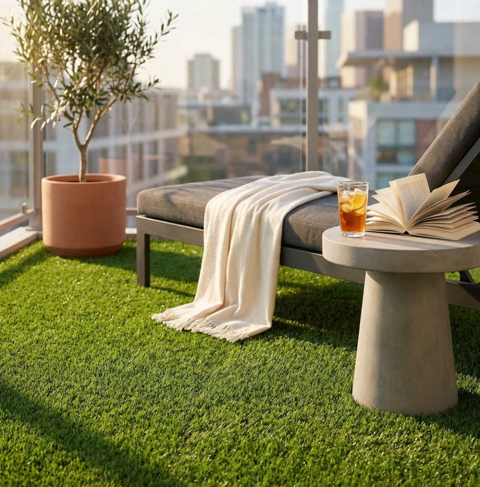 Tappeto erboso sintetico in polipropilene verde allestito su un balcone moderno con arredi in cemento e vista panoramica sulla città.