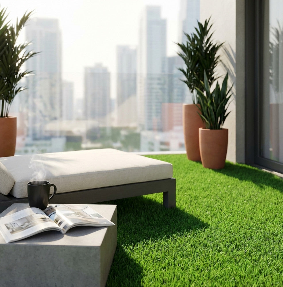 Dettaglio della superficie in verde artificiale su una terrazza di design, accostata a un lettino prendisole e piante ornamentali.