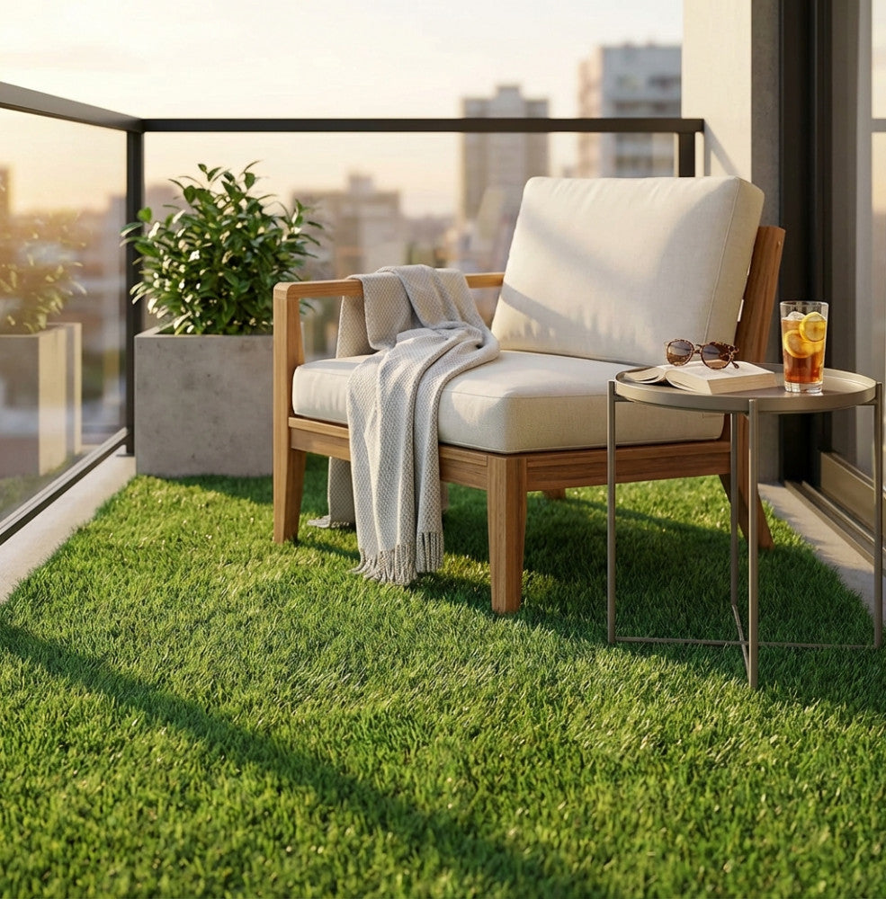Terrazza moderna con prato artificiale in polipropilene, poltrona in legno con cuscini chiari e tavolino rotondo.