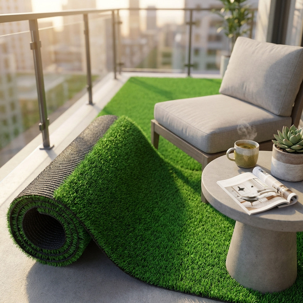 Rotolo di tappeto erboso sintetico verde srotolato su un balcone moderno con poltrona e tavolino.