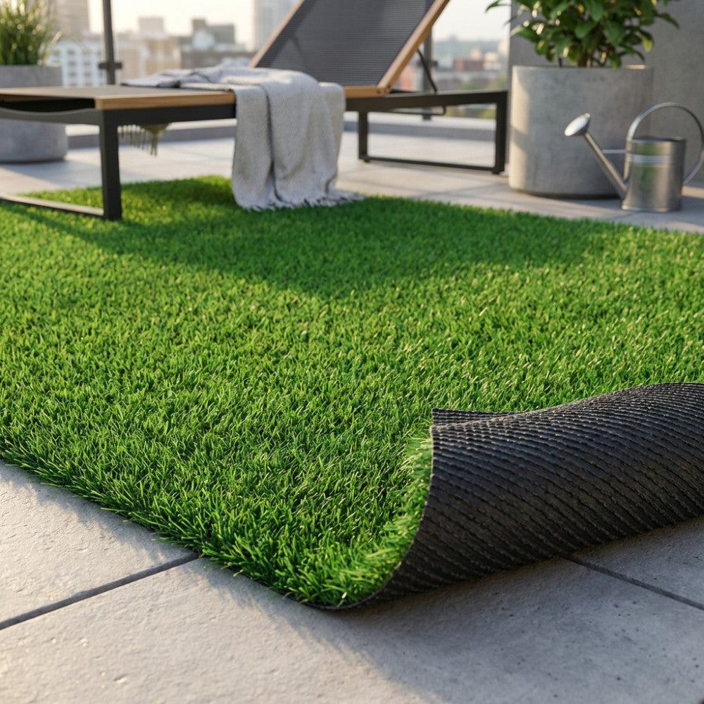 Dettaglio del tappeto in polipropilene verde steso su una terrazza con lettino prendisole e annaffiatoio.