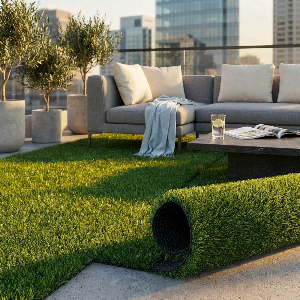 Tappeto erboso sintetico srotolato su una terrazza di lusso con divano grigio e vasi in cemento.