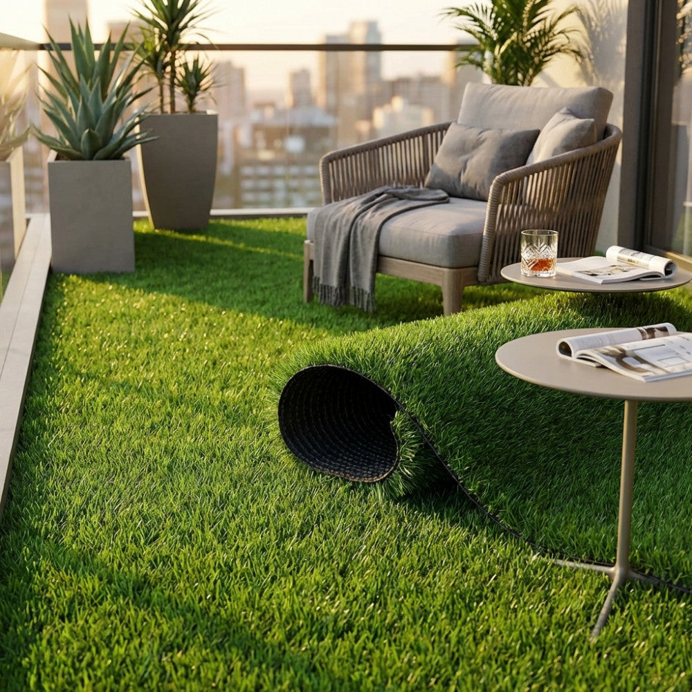 Tappeto erboso sintetico steso su un balcone moderno con poltrona in corda e tavolini di design.