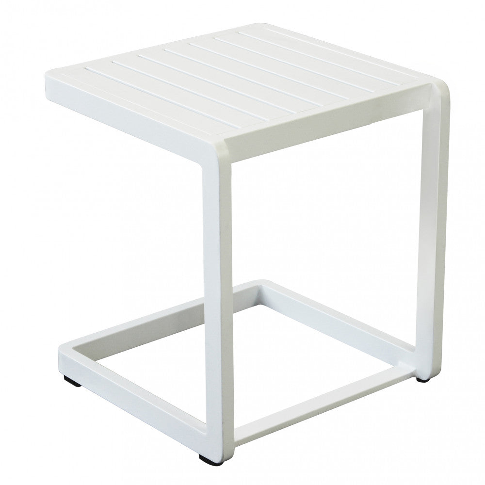 Prospettiva tridimensionale del tavolino Alimos in alluminio bianco
