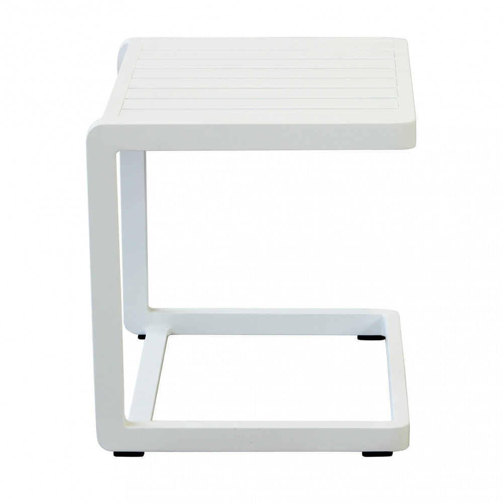 Profilo laterale del tavolino a C in alluminio bianco, design geometrico