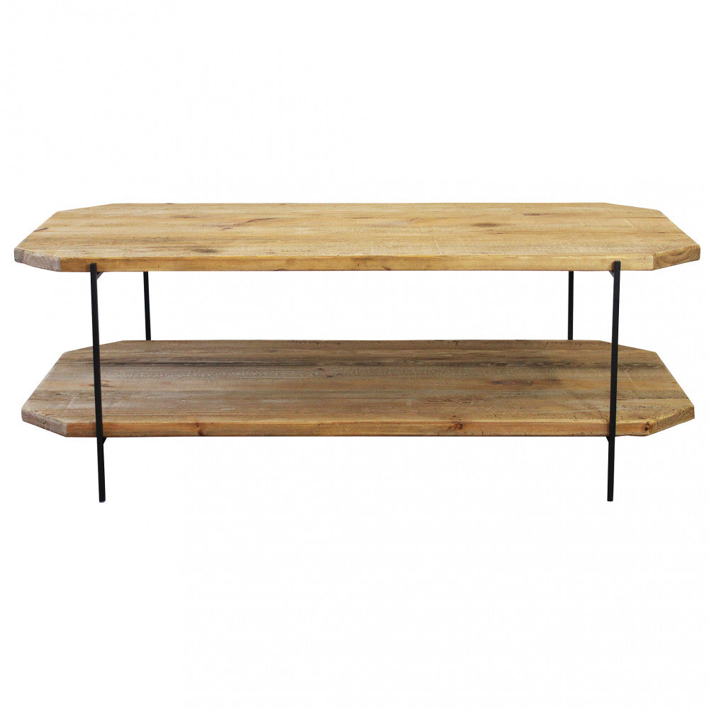 Vista frontale pulita del tavolino Arnold, che sottolinea la simmetria del doppio ripiano in legno.