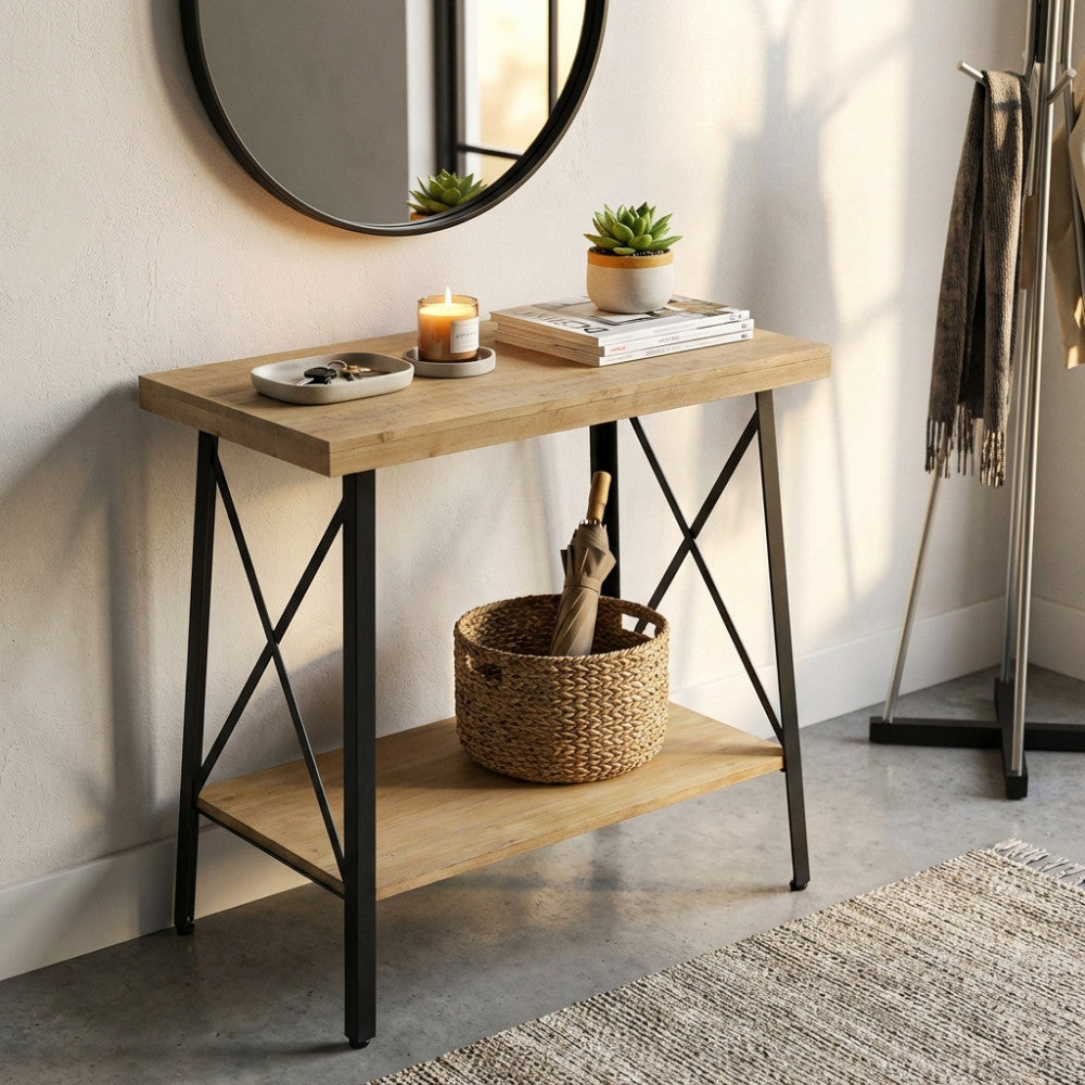 Tavolino da salotto Auberon in legno marrone e acciaio antracite, allestito in un ingresso luminoso con specchio e decorazioni.