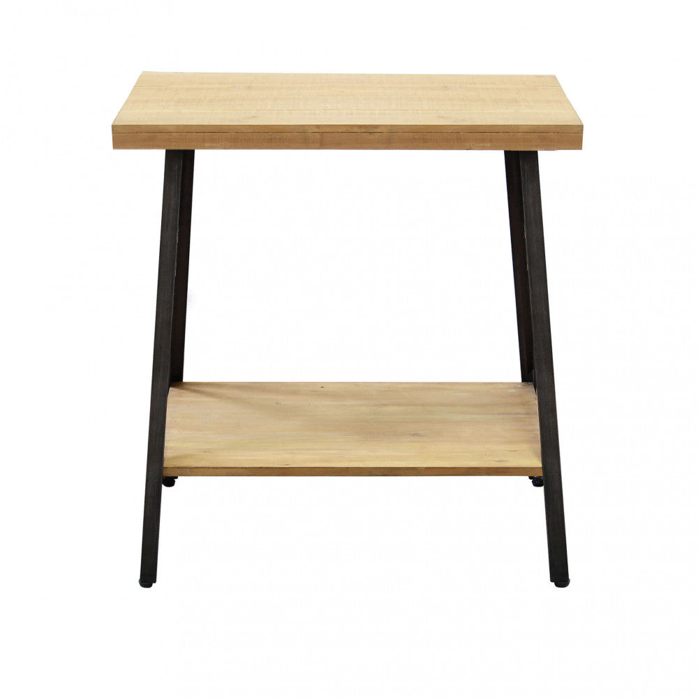 Vista frontale del tavolino da salotto Auberon su sfondo bianco, che mostra la simmetria perfetta del design in legno e acciaio.