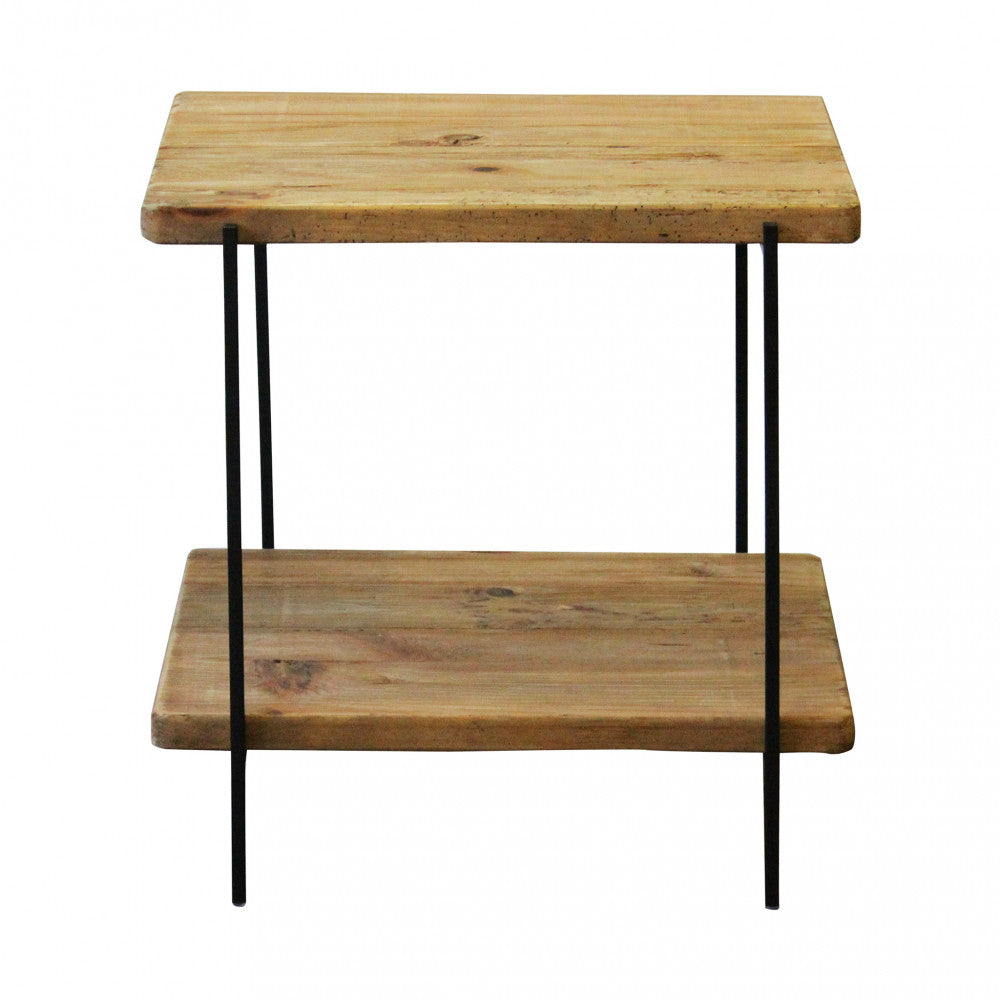 Vista frontale del tavolino in legno marrone con design geometrico e minimalista.
