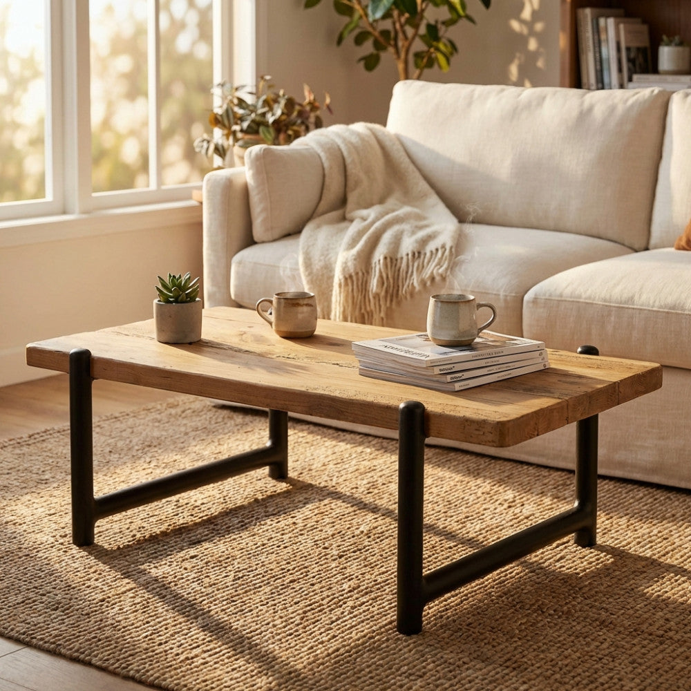 Tavolino in legno Beaumont ambientato in un soggiorno luminoso con divano beige e tazze in ceramica.