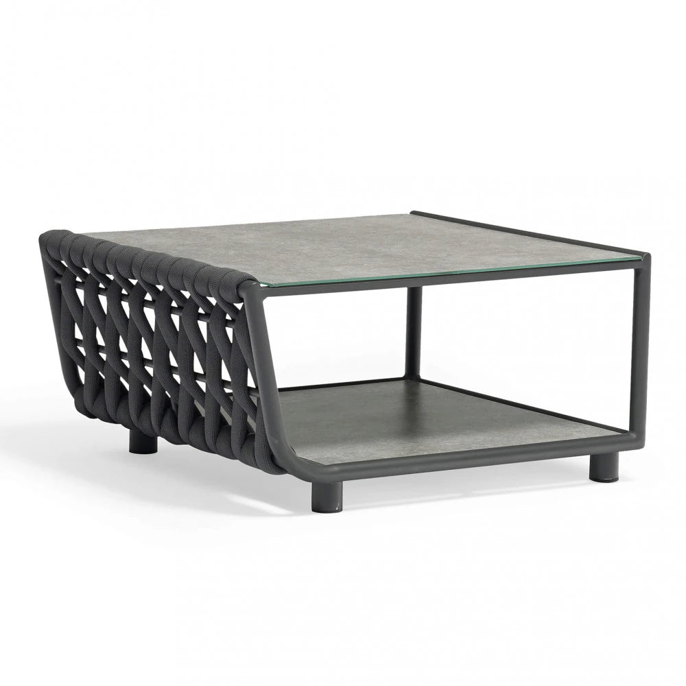 Tavolino Galapagos Antracite con piano in Vetro 8 mm e struttura in Alluminio rivestita in corda PVC, per salotto da esterno.