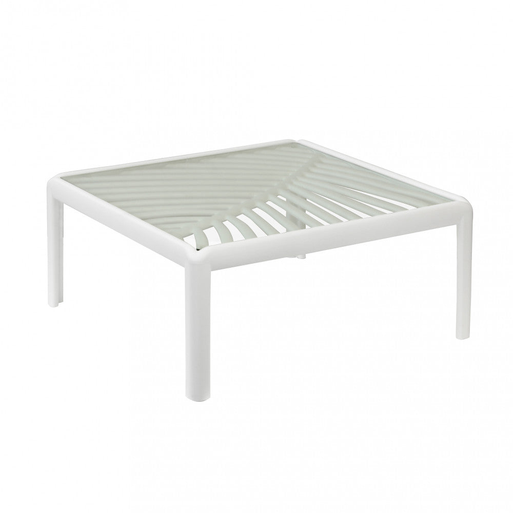 Tavolino per Salotto Guaranà con struttura in polipropilene bianco e piano in vetro, in un ambiente contemporaneo.