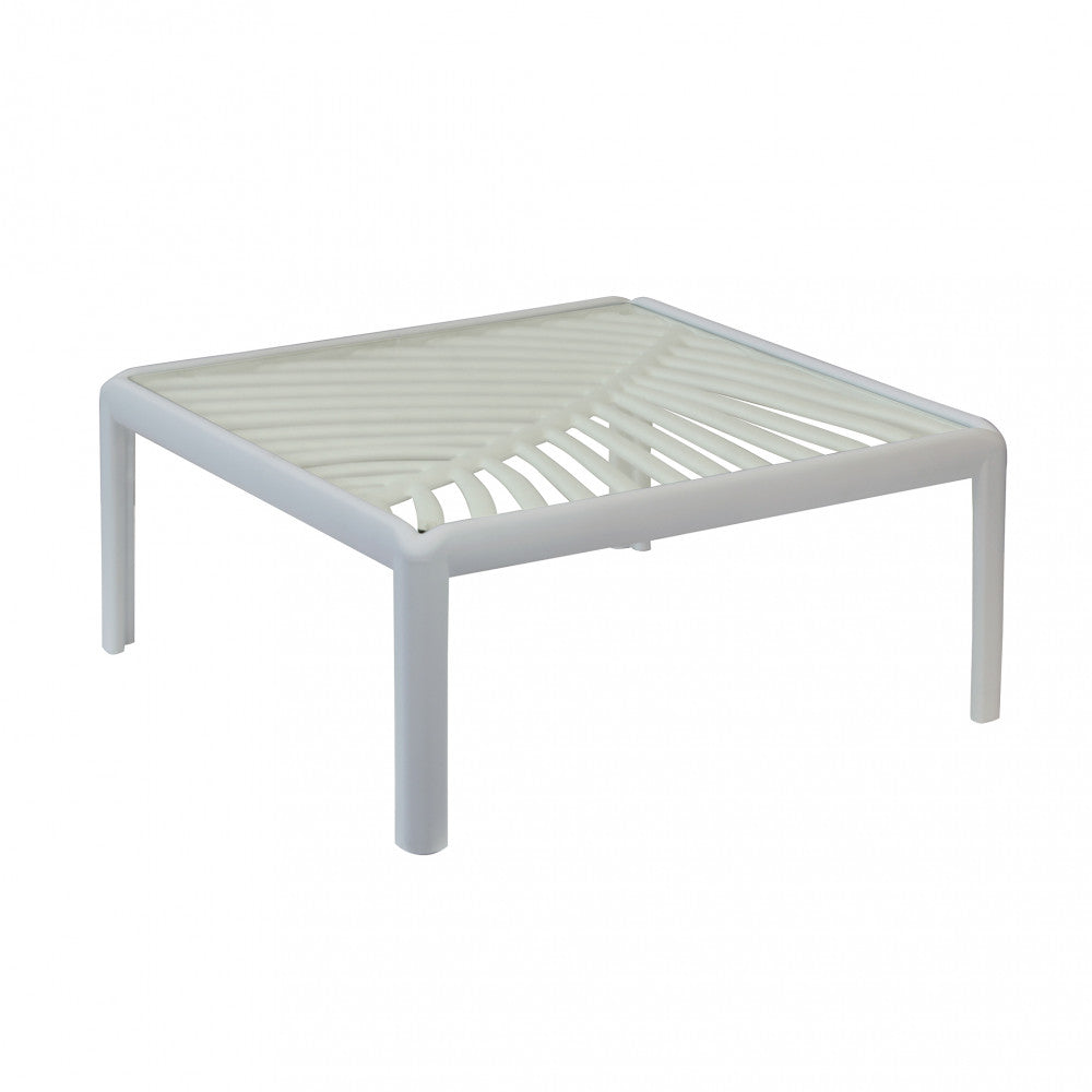 Tavolino per Salotto Guaranà con struttura in polipropilene tortora e piano in vetro, in un ambiente contemporaneo.