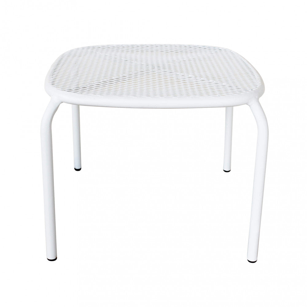 Vista frontale del tavolino Midway in acciaio bianco, mostrando la simmetria del design minimalista e la solidità delle gambe fisse.
