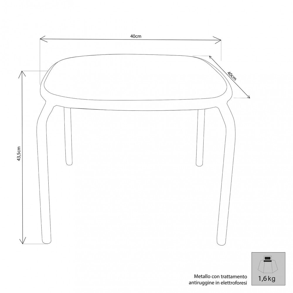Disegno tecnico del tavolino Midway con dimensioni dettagliate: larghezza 40 cm, profondità 40 cm, altezza 43,5 cm e peso di 1,6 kg.