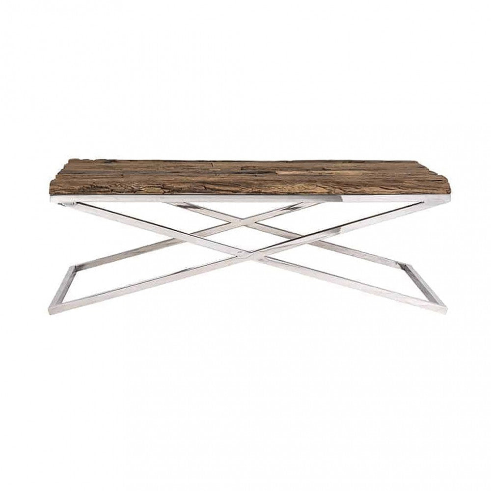 Prospettiva laterale del tavolino Norris in legno e vetro, mostrando le proporzioni 130x70 cm e il design moderno.