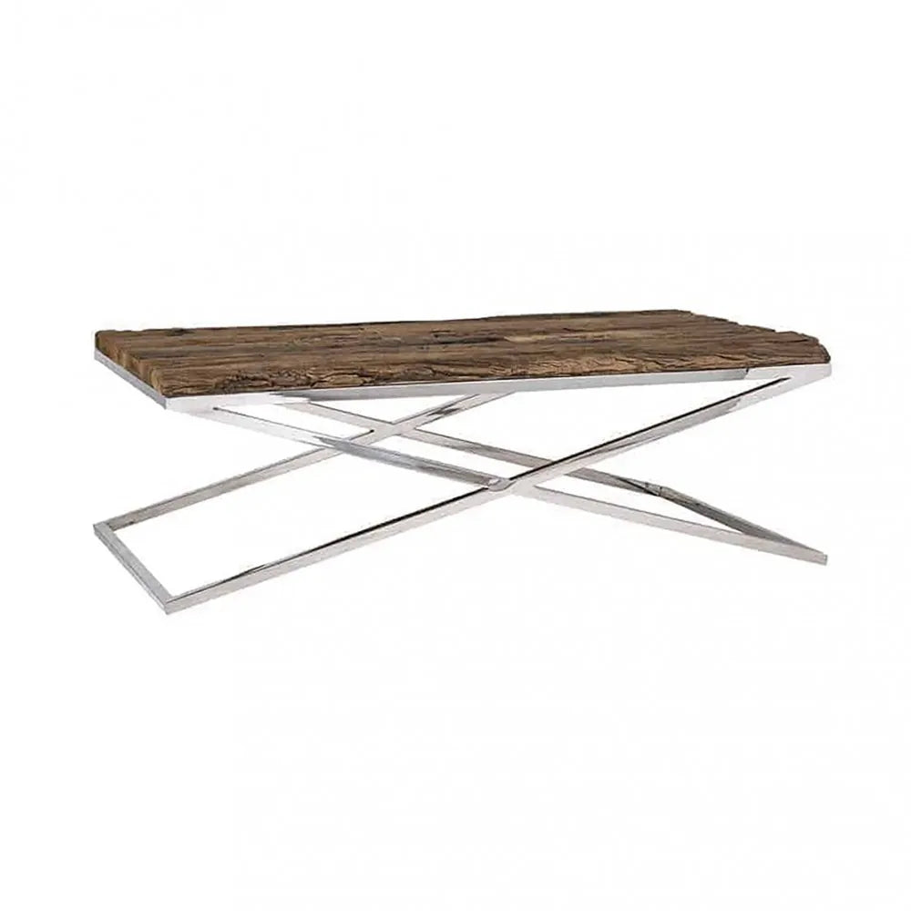 Tavolino rettangolare Norris 130x70 in legno marrone e base in metallo.