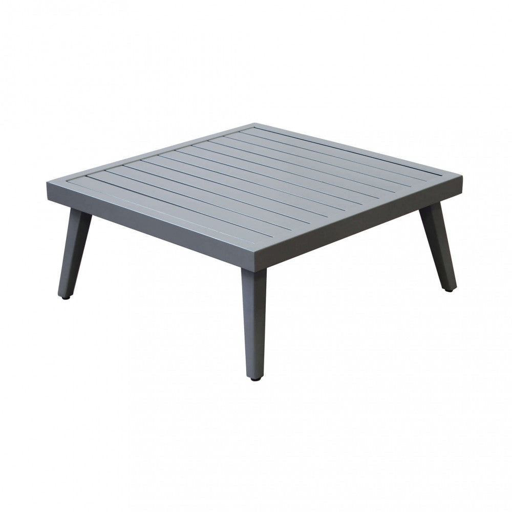 Vista prospettica del tavolino quadrato in alluminio finitura antracite.