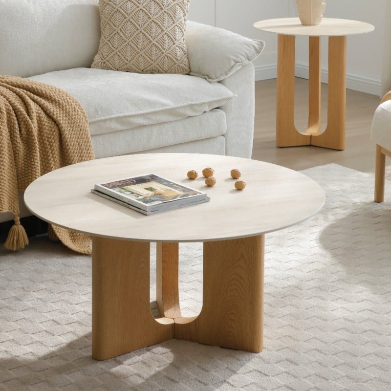 Tavolino rotondo Klimanto 90 cm effetto travertino e rovere - NN-KLI-FUR-COFTAB-BEI-401 - foto 2