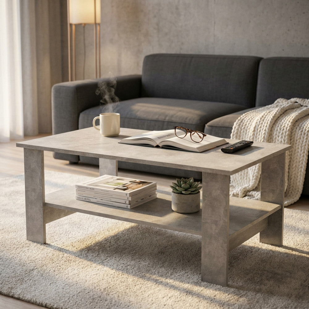 Tavolino da salotto Match effetto cemento ambientato in un living moderno con divano grigio e tazza fumante.