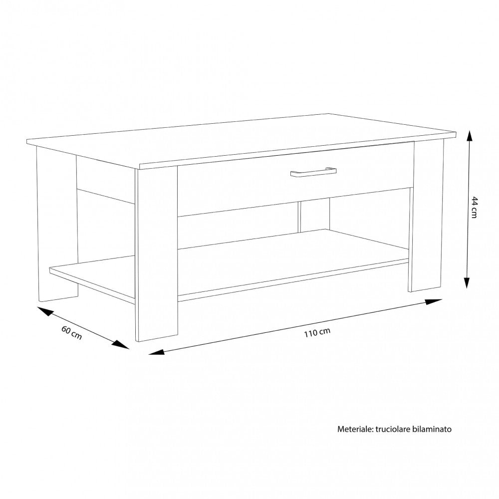 Disegno tecnico del tavolino da salotto Myrto con indicazione delle dimensioni: 110 cm di lunghezza, 60 cm di profondità e 44 cm di altezza.