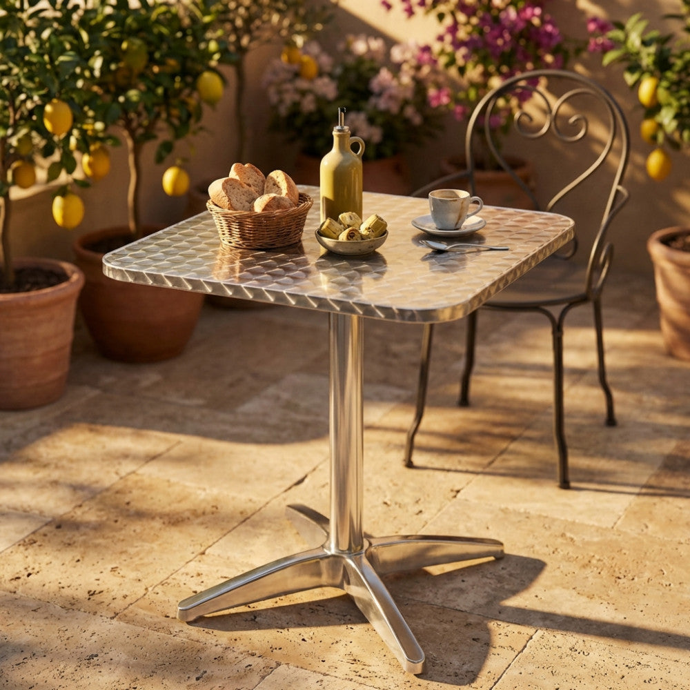Vista laterale del tavolo a colonna Cosma in alluminio