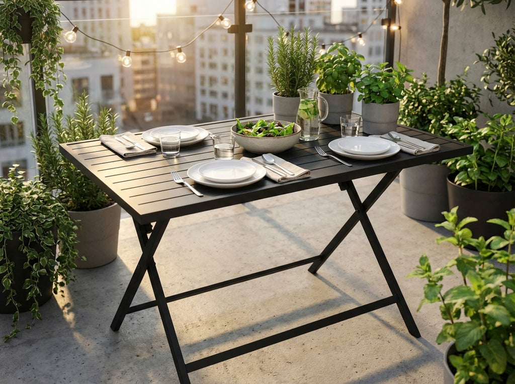 Tavolo pieghevole Alabama in alluminio posizionato su un balcone urbano con piante aromatiche e luci decorative.