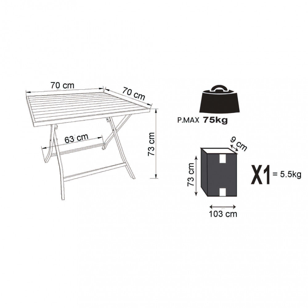 Schema tecnico del tavolo Alabama con misure dettagliate: 70x70 cm il piano, 73 cm di altezza, e specifiche dell'imballaggio.