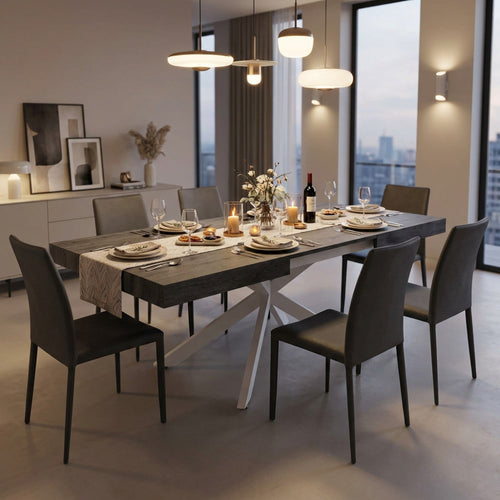 Tavolo da pranzo allungabile Darren ambientato in una sala moderna serale con sedute scure.