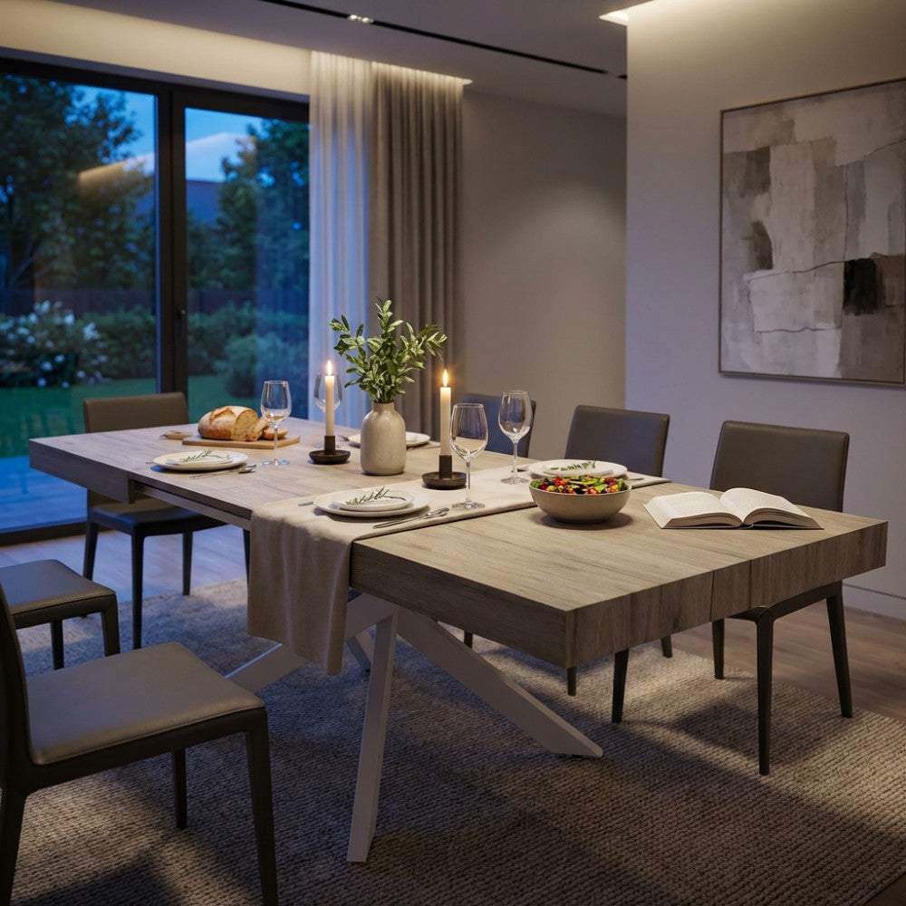 Tavolo da pranzo Darren allestito per una cena elegante con luci soffuse e sedute moderne.
