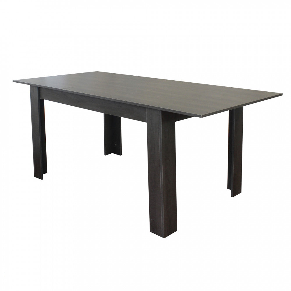 Vista prospettica del tavolo allungabile Emmet antracite effetto legno su sfondo bianco.