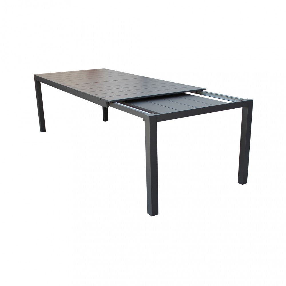 Tavolo allungabile da esterno in alluminio, lunghezza variabile da 215 a 281 cm.