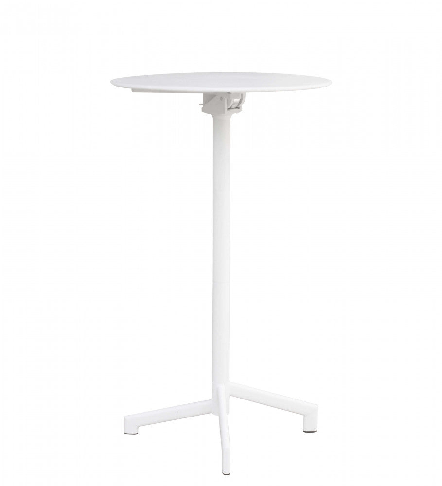 Vista frontale del tavolo alto VEGA Ø 60 in acciaio bianco, design minimalista.