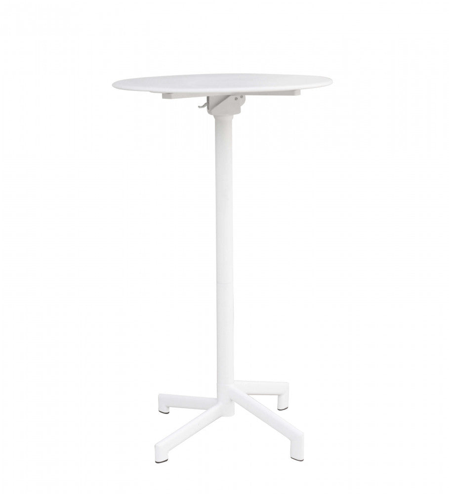 Prospettiva angolata del tavolo alto VEGA Ø 60 in acciaio bianco con base a croce.