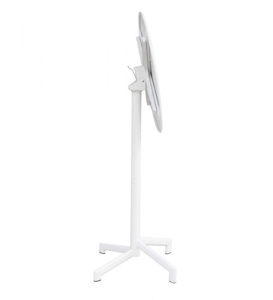 Profilo laterale del tavolo alto VEGA Ø 60 con piano ribaltato in posizione verticale.