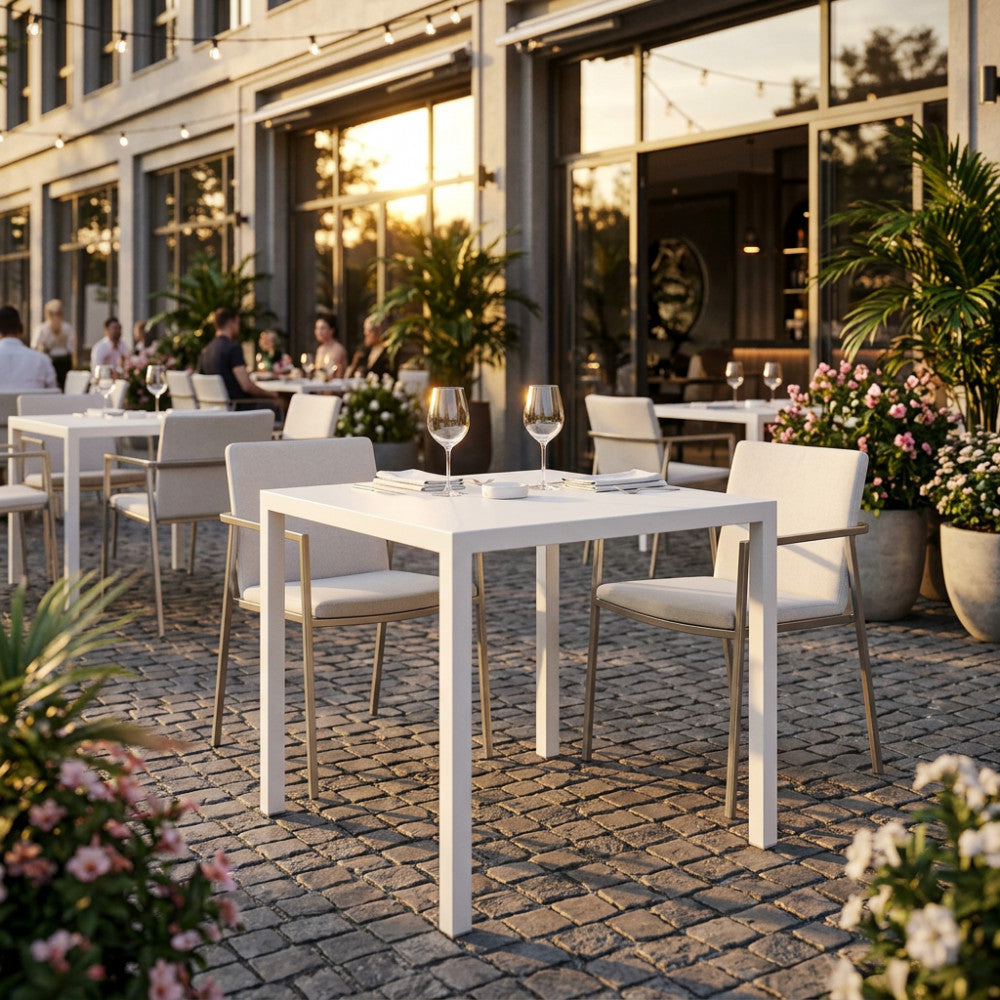Il moderno tavolo quadrato da esterno elegantemente preparato con calici da vino su un patio in pietra al tramonto.