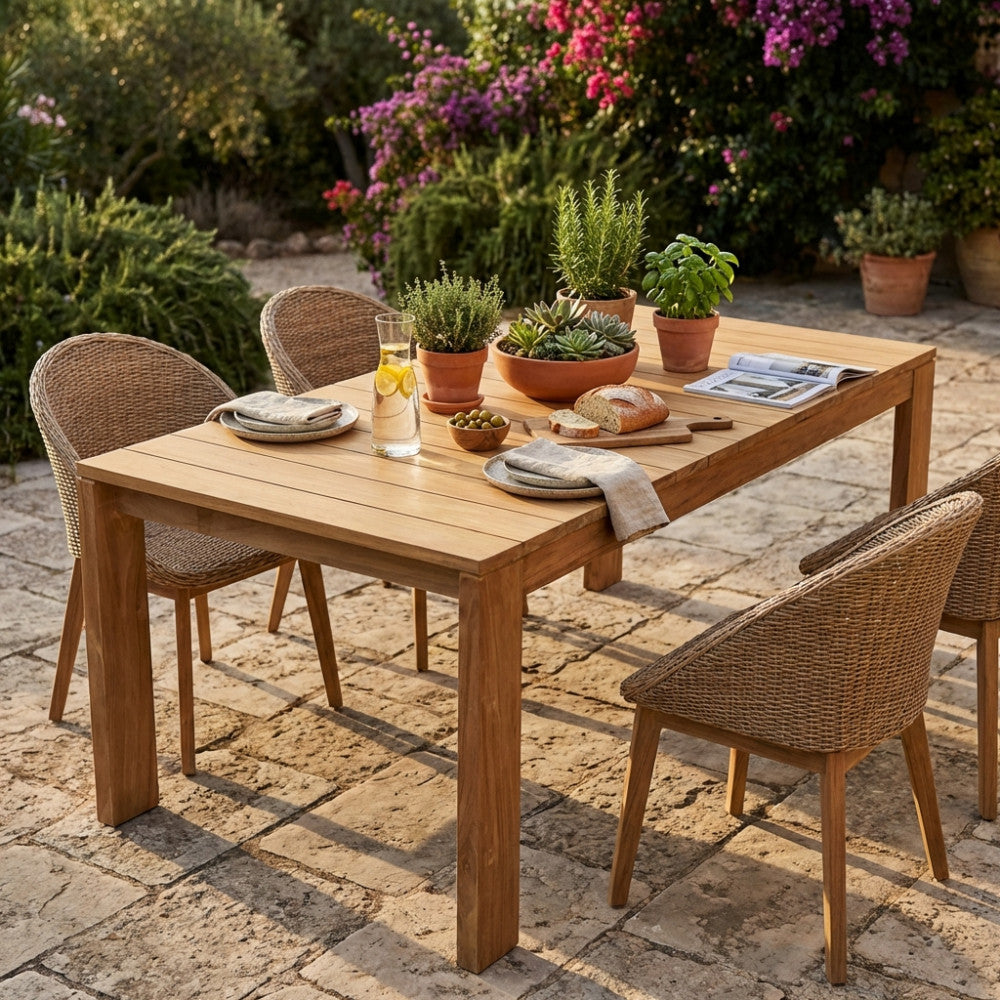 Tavolo da giardino Bandung in teak allestito per un pranzo all'aperto con sedie in midollino e piante decorative.