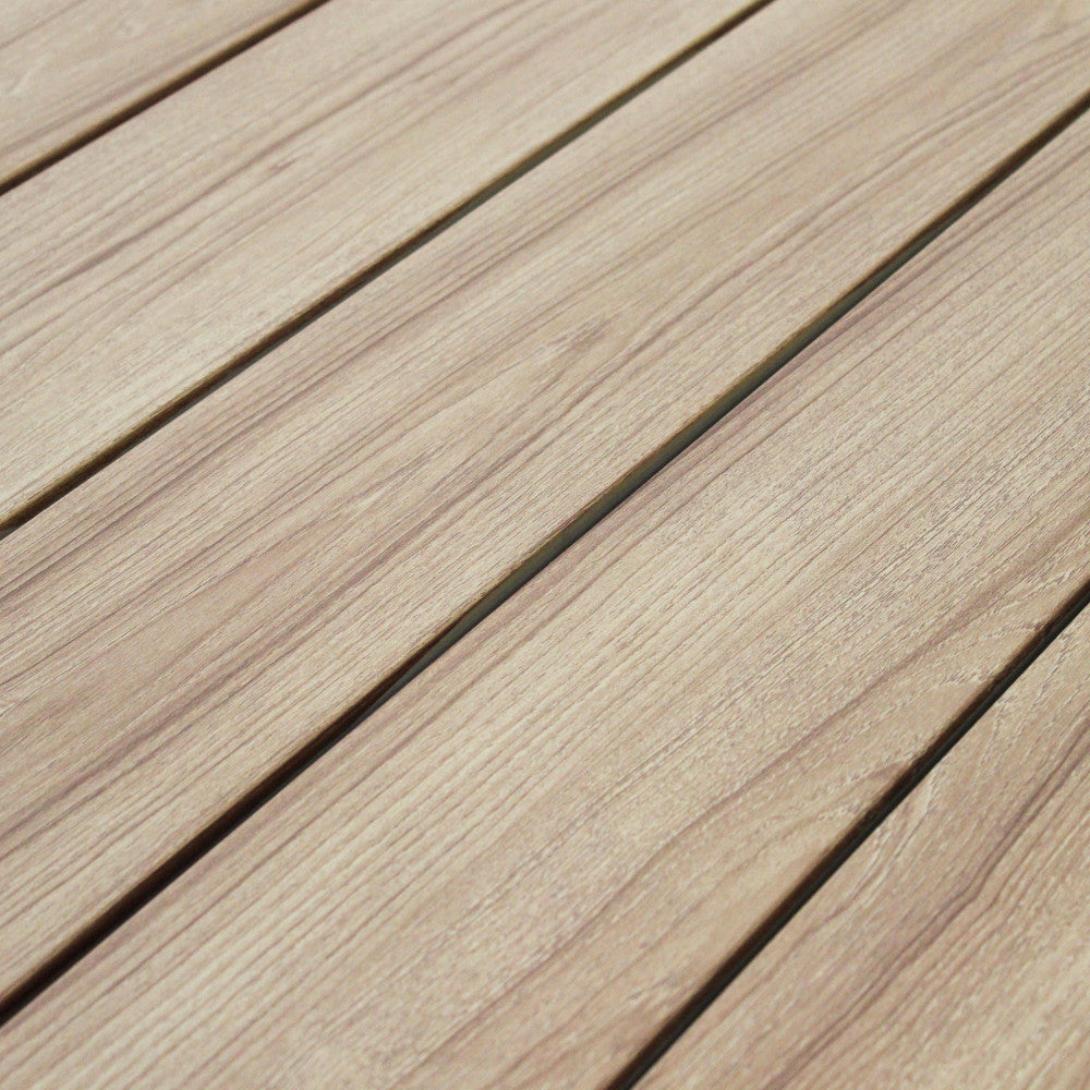 Primo piano della texture materica e delle venature del piano a doghe effetto legno marrone chiaro.